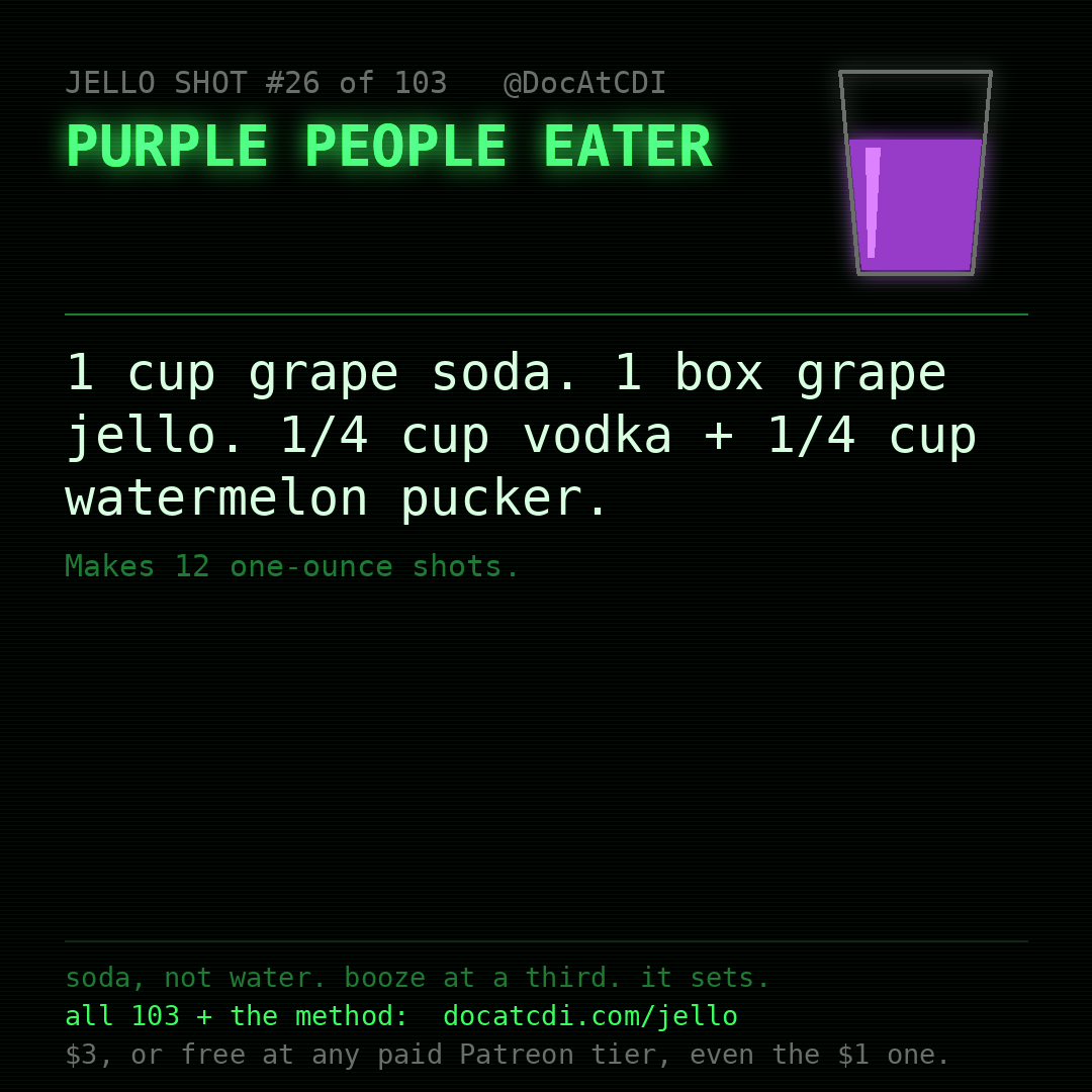 Purple People Eater jello shot recipe card